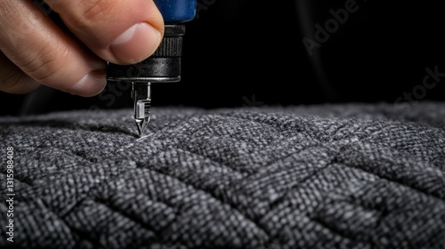 Close-up of Hand Holding Tool Crafting Stitching on Gray Quilted Fabric with Intricate Pattern and Texture