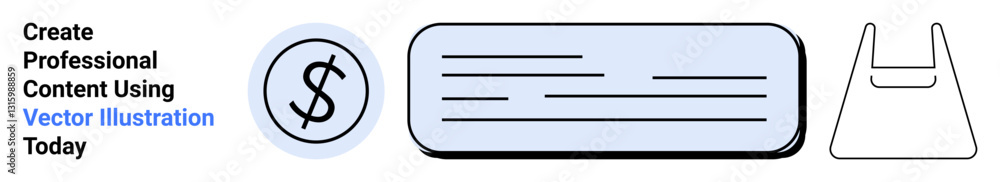 Dollar sign icon, horizontal card, and shopping bag outline. Ideal for e-commerce, online payments, financial transactions, digital marketing, retail, budgeting apps and flat landing page banner Dollar sign icon, horizontal card, and shopping bag outline. Ideal for e-commerce, online payments, financial transactions, digital marketing, retail, budgeting apps and flat landing page banner