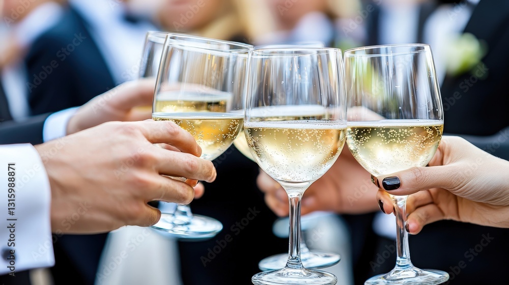 Four hands clinking champagne flutes, celebrating a special occasion. Close-up shot emphasizing the bubbly drink and festive mood. Four hands clinking champagne flutes, celebrating a special occasion. Close-up shot emphasizing the bubbly drink and festive mood.