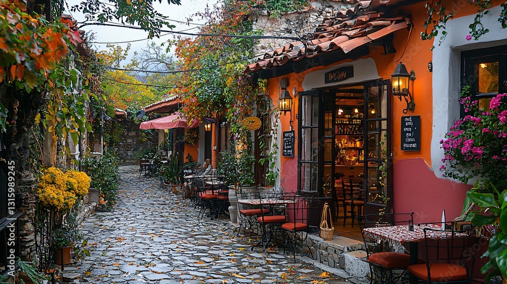 Fototapeta premium Charming cobblestone street lined with vibrant flowers and cozy outdoor cafes in autumn ambiance