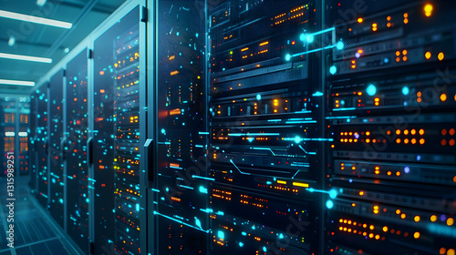 Modern Data Center With Server Racks And Glowing Connections In Dark Room With Blue And Orange Lights