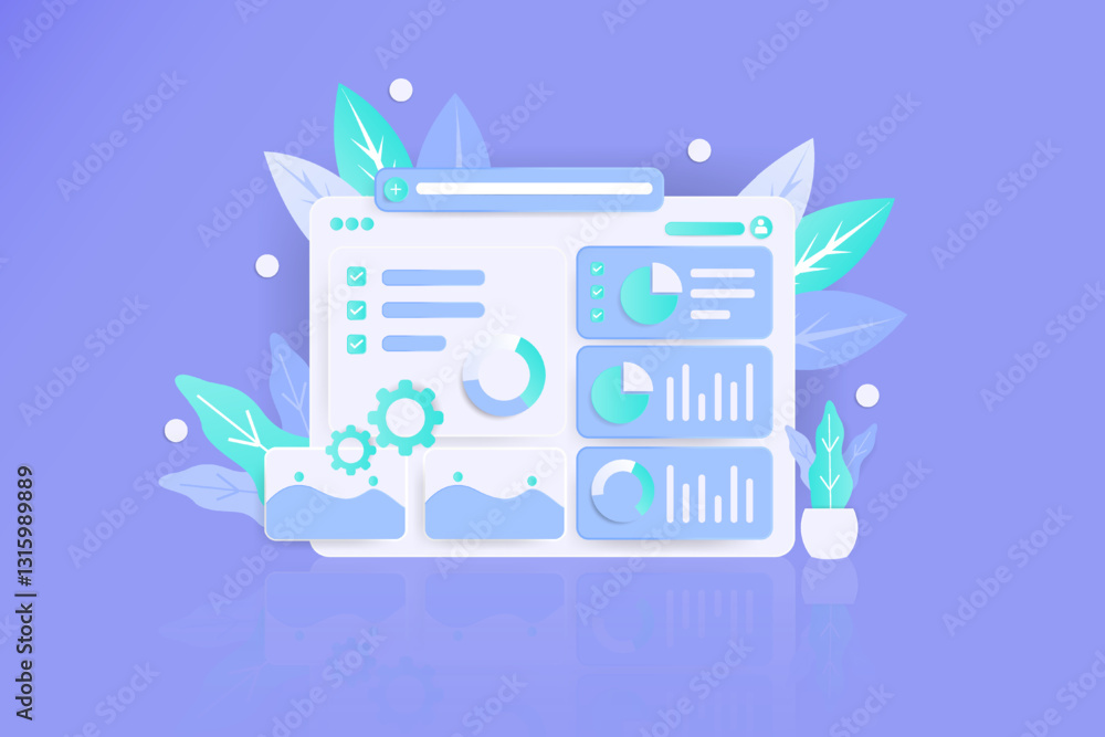 Naklejka premium Data dashboard display, charts, graphs, webpage, purple background, website design