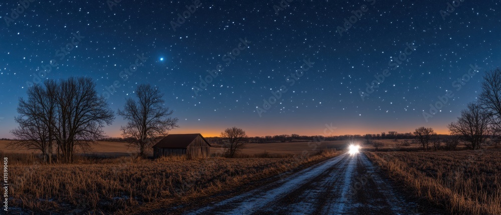 Fototapeta premium Enchanting rural landscape under a starry night sky with a rustic barn and a distant car on a lonely road
