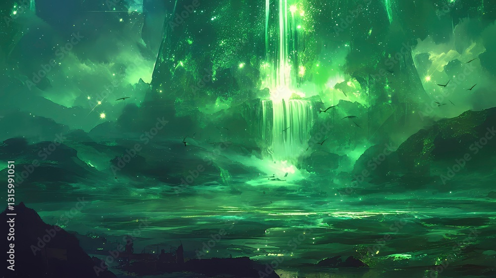 Fototapeta premium Ethereal Green Waterfall in a Fantasy Landscape