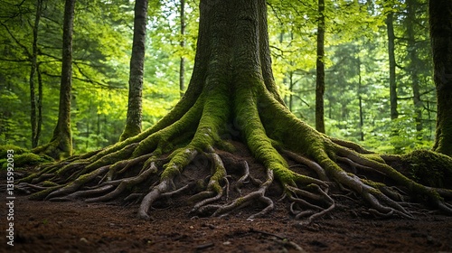 Majestic tree with exposed roots in lush green forest.