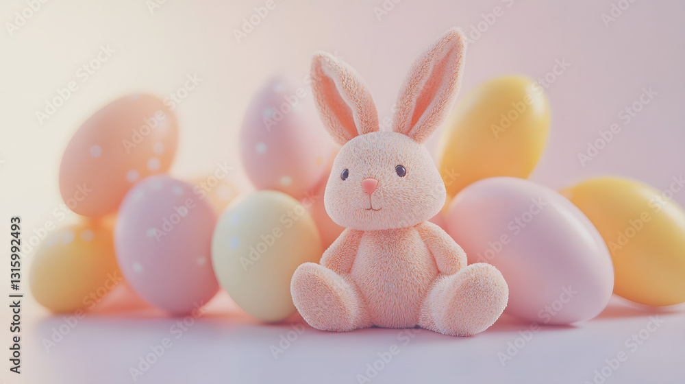 Obraz premium easter, bunny, rabbit, holiday, toy, eggs, egg, animal, spring, cute, hare, decoration, celebration, basket, object, seasonal, isolated, cartoon, fluffy, color, ears, pink, gift