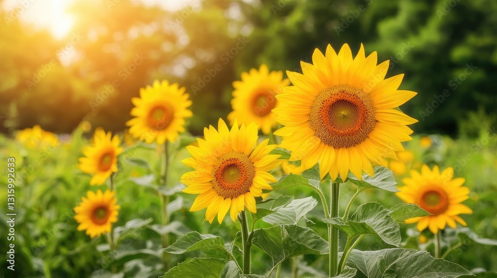 Vibrant Sunflowers Blooming in a Sunny Field Under Bright Sunlight with Lush Green Foliage in the Background During Summer Season Vibrant Sunflowers Blooming in a Sunny Field Under Bright Sunlight with Lush Green Foliage in the Background During Summer Season