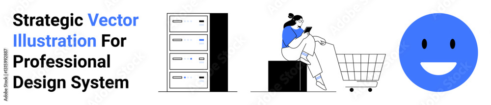 Fototapeta premium Woman uses smartphone while sitting near shopping cart, server racks, and blue smiling face icon. Ideal for e-commerce, technology, storage, digital marketing, customer satisfaction, innovation flat