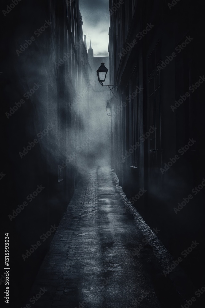 Obraz premium A narrow, fog-filled alleyway illuminated by a single lantern casts an eerie atmosphere. The cobblestone path reflects the dim light, evoking a sense of mystery.