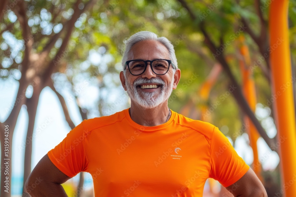 Obraz premium Vibrant Active Aging Empowered Senior Wellness Through Digital Technology, Sustainable Fitness, and Mindful Movement in Natures Embrace