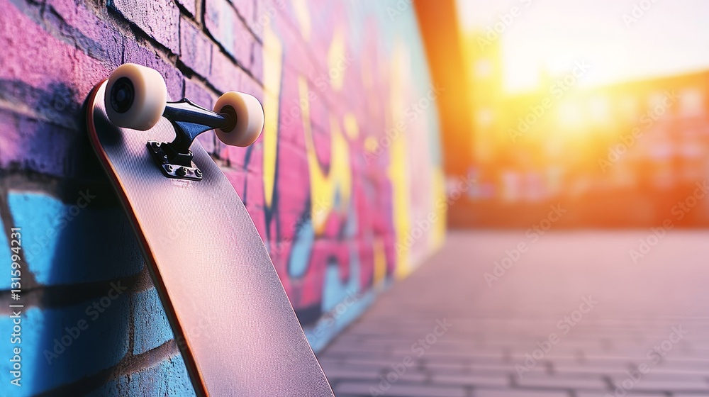 Skateboard leaning against a vibrant graffiti wall during sunset in an urban setting Skateboard leaning against a vibrant graffiti wall during sunset in an urban setting