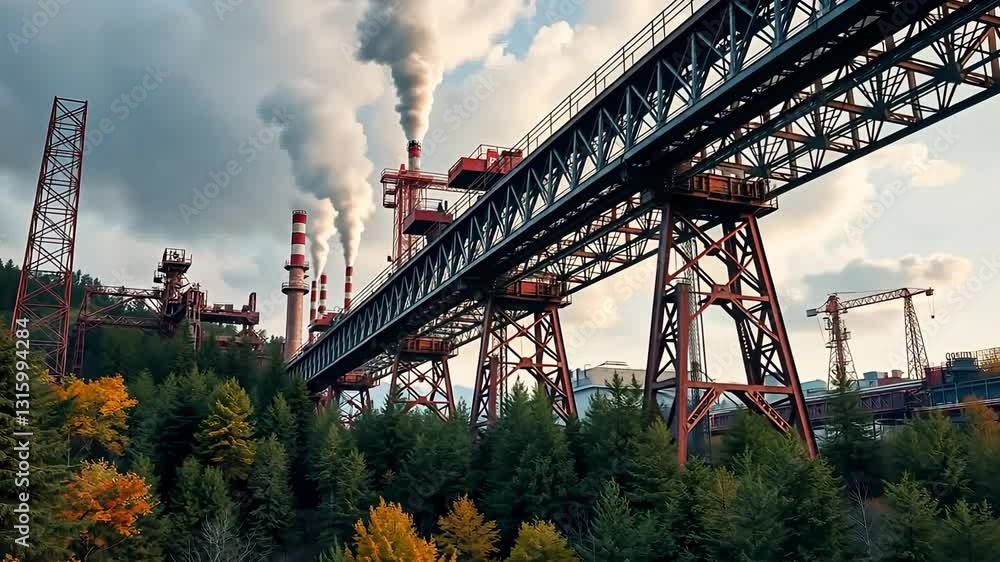 Smokestacks of a Large Industrial Complex with Overhead Pipes Red and White in an Autumnal Landscape with Cloudy Sky Smokestacks of a Large Industrial Complex with Overhead Pipes Red and White in an Autumnal Landscape with Cloudy Sky