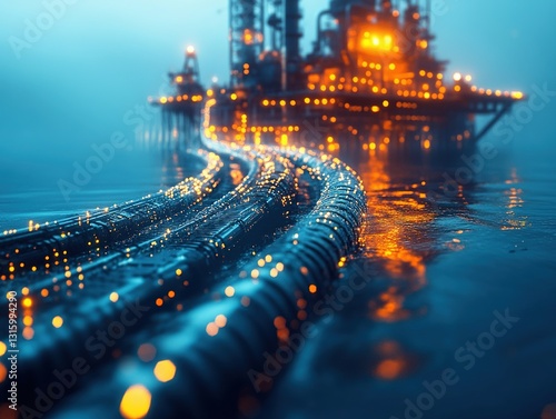 Submarine Fiber Optic Cable Terminal with Data Packets Glowing Underwater Blue, Offshore Platform Background Motion Blurred