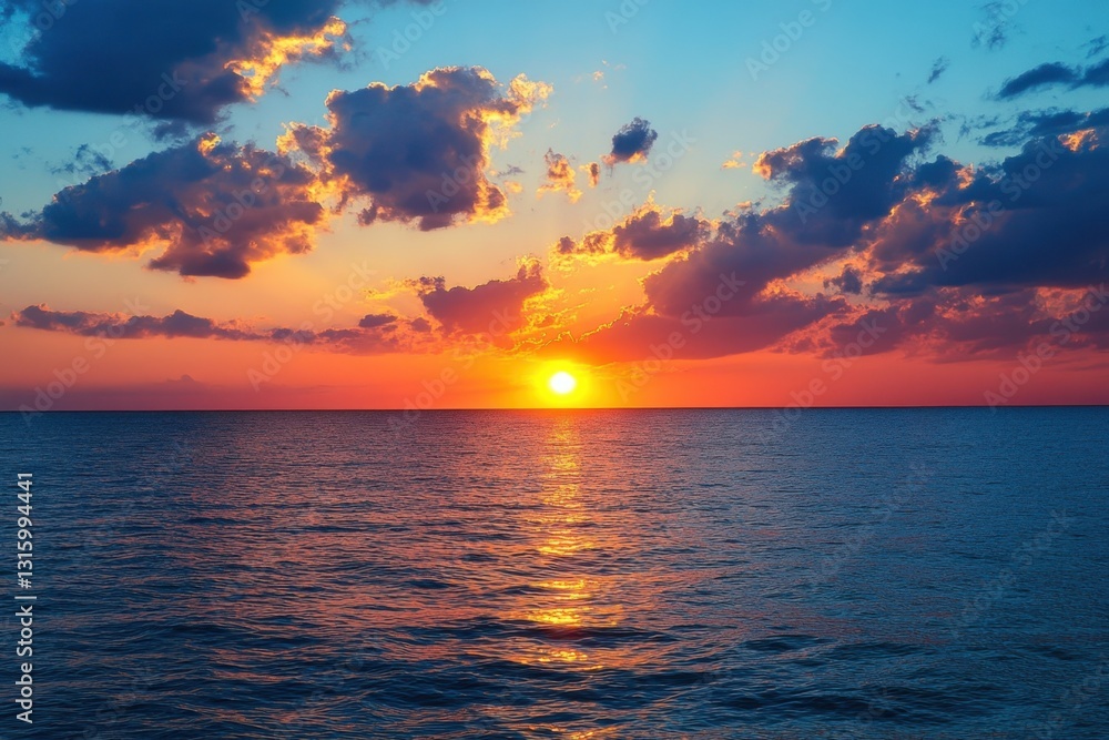 Obraz premium Serene ocean sunset with vibrant colors and dramatic clouds reflecting on the tranquil water surface creating a peaceful atmosphere