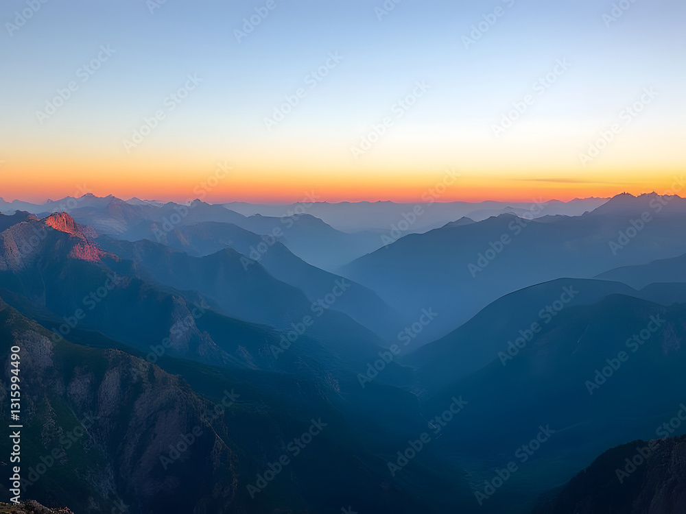 Majestic Mountain Range at Sunset Stunning Landscape View, Orange Sky, Misty Peaks. Majestic Mountain Range at Sunset Stunning Landscape View, Orange Sky, Misty Peaks.