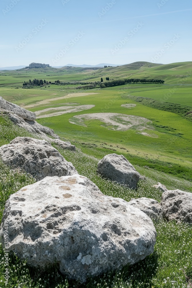 Serene Tuscan Landscape with Rolling Green Hills and Ancient Rock Formations Under a Clear Blue Sky Serene Tuscan Landscape with Rolling Green Hills and Ancient Rock Formations Under a Clear Blue Sky