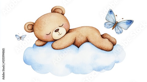 Whimsy is evident in the artwork of a teddy bear sleeping tranquilly in the sky
