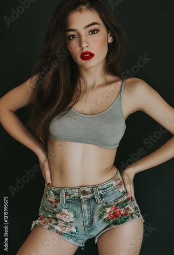 High-Resolution Portrait of a Beautiful Brunette Woman in Floral Denim Shorts and Grey Tank Top – Confident Pose with Red Lipstick, Studio Photography with Stunning Detail