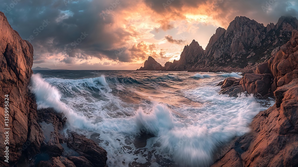 Fototapeta premium Dramatic sunset over ocean waves crashing against rocky coast.