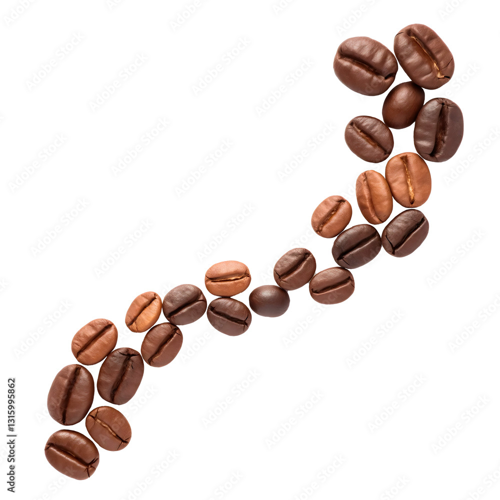 Naklejka premium Coffee beans in various shades of brown arranged in a curved line isolated on white or transparent png, highlighting the natural texture and color of the beans.