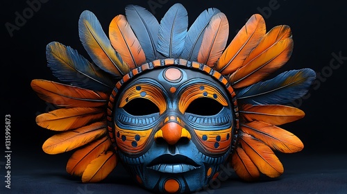 A colorful tribal mask with layered feathers and precise hand-carved patterns