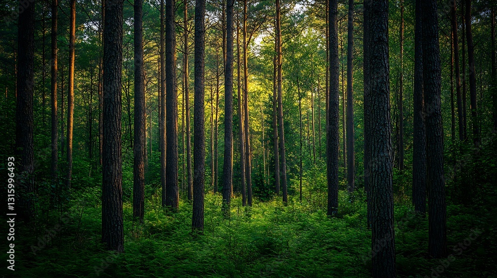 Obraz premium Sunlit pine forest with lush green undergrowth.