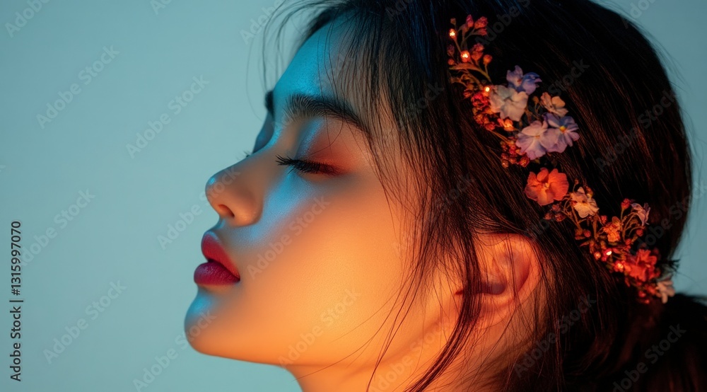 Fototapeta premium Serene Woman Floral Headpiece Teal Background High Resolution Portrait