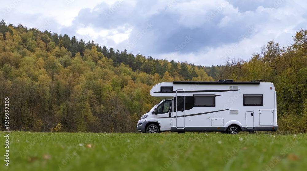 white camper van parked in green field surrounded by trees and hills, showcasing serene outdoor setting white camper van parked in green field surrounded by trees and hills, showcasing serene outdoor setting