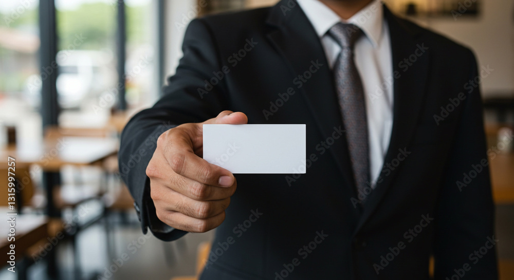 Professional hand of a businessman extending a white business card with a firm grip, sharp details, and a modern conference room as the backdrop Professional hand of a businessman extending a white business card with a firm grip, sharp details, and a modern conference room as the backdrop