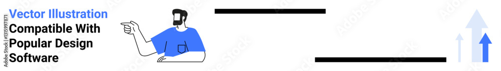 Man gesturing with upward arrows symbolizing growth, progress, and compatibility. Ideal for design services, business growth, software tools, marketing, collaboration, creativity flat landing page Man gesturing with upward arrows symbolizing growth, progress, and compatibility. Ideal for design services, business growth, software tools, marketing, collaboration, creativity flat landing page