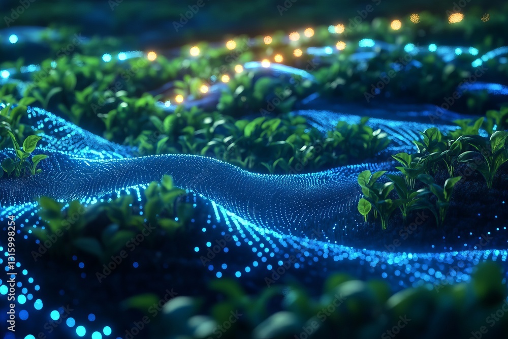 Experience an abstract visualization of smart agriculture, illustrating vibrant plant growth integrated with advanced technology in a digital landscape. Experience an abstract visualization of smart agriculture, illustrating vibrant plant growth integrated with advanced technology in a digital landscape.