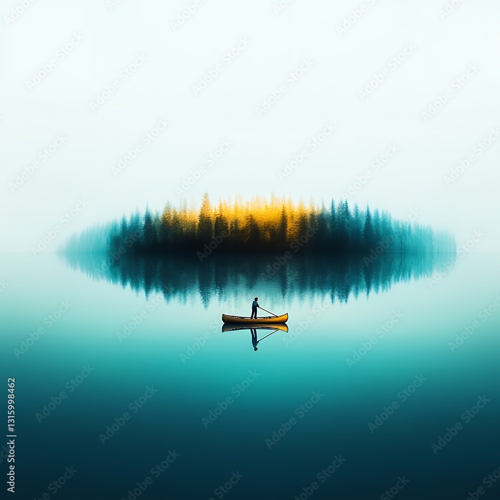 Naklejka premium Serene Canoe Journey Across Tranquil Water Surrounded by Lush Green Trees and a Subtle Golden Hue