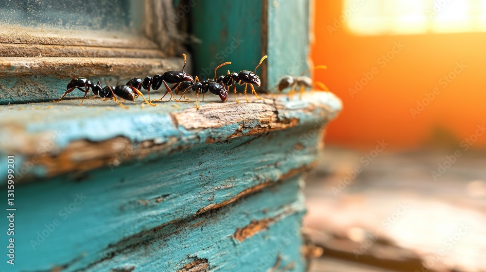 Home invasion is evident with ants on the windowsill displaying orderly behavior Home invasion is evident with ants on the windowsill displaying orderly behavior
