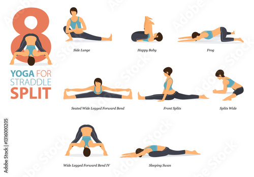 10 Yoga poses or asana posture for workout in reduce belly fat concept. Women exercising for body stretching. Fitness infographic. Flat cartoon vector.