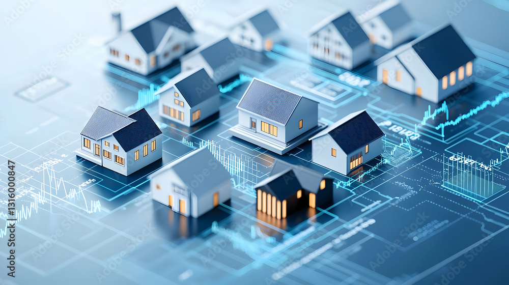 White And Gray Modern Houses On Circuit Board Visualization Of Real Estate Market Data Analysis With Futuristic Blue Glowing Lines White And Gray Modern Houses On Circuit Board Visualization Of Real Estate Market Data Analysis With Futuristic Blue Glowing Lines