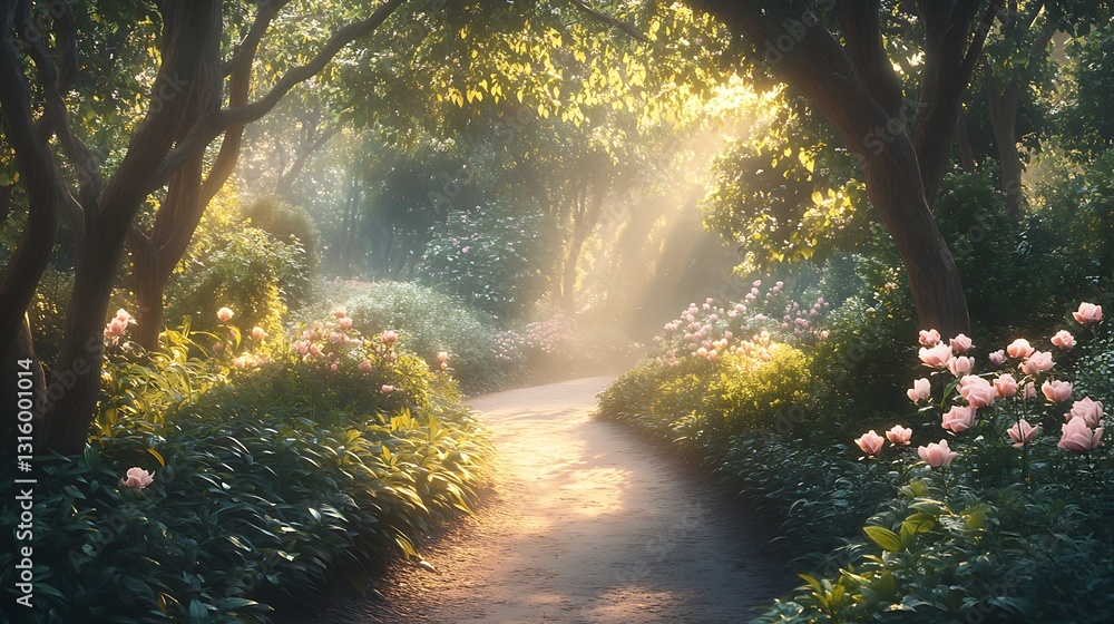 Fototapeta premium Sunlit path through a misty garden with blooming flowers.