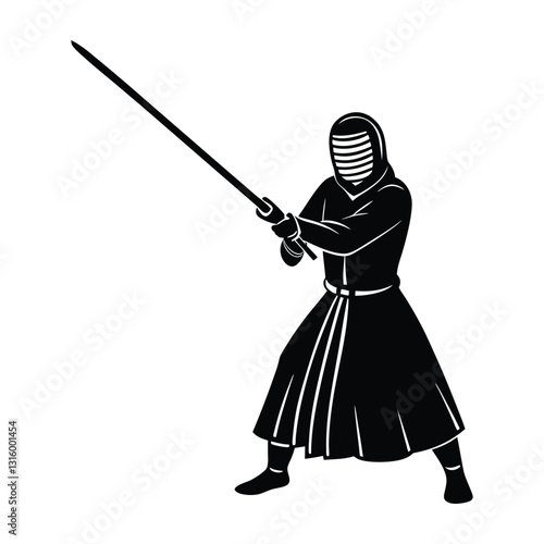 Kendo practitioner wielding sword silhouette manual drawn clean vector skill