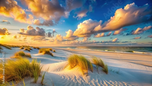 Serene Coastal Dunescape at Sunset Golden Hour Light Illuminates Sandy Beach and Grassy Swales