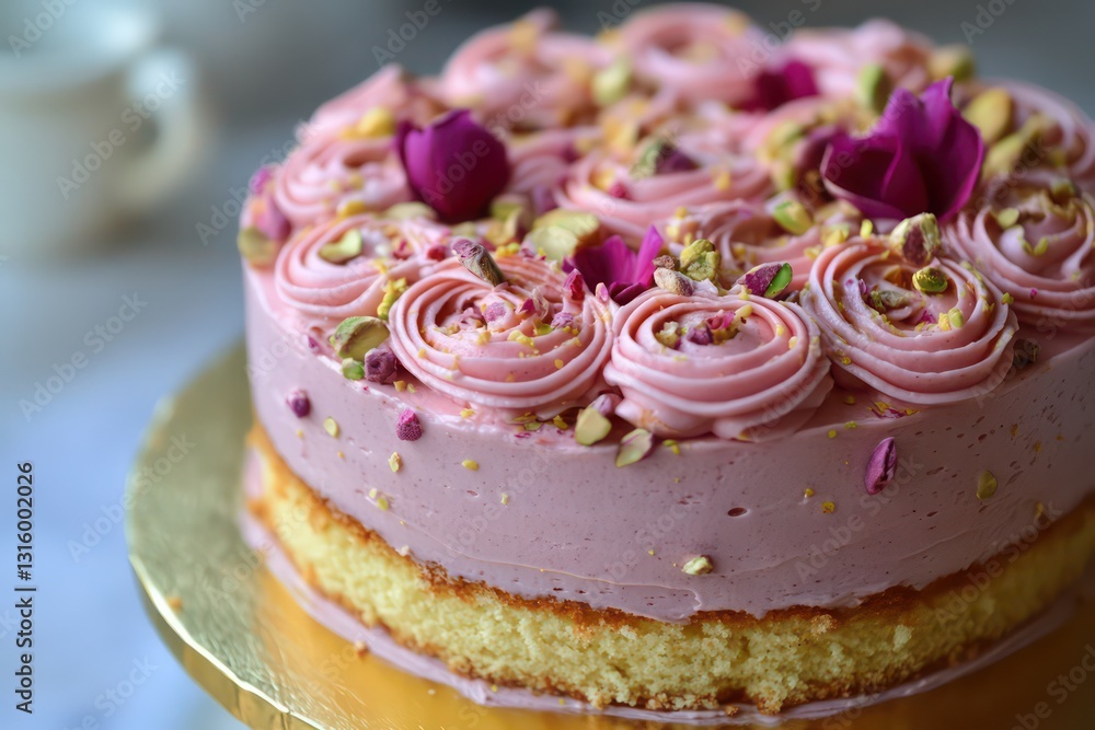 Rose-scented pistachio sponge cake with buttercream swirls on a gold base Rose-scented pistachio sponge cake with buttercream swirls on a gold base