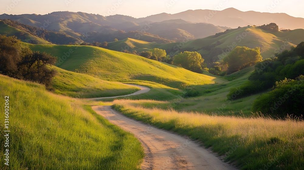 Naklejka premium Winding dirt road through sunlit green hills and mountains at sunset.