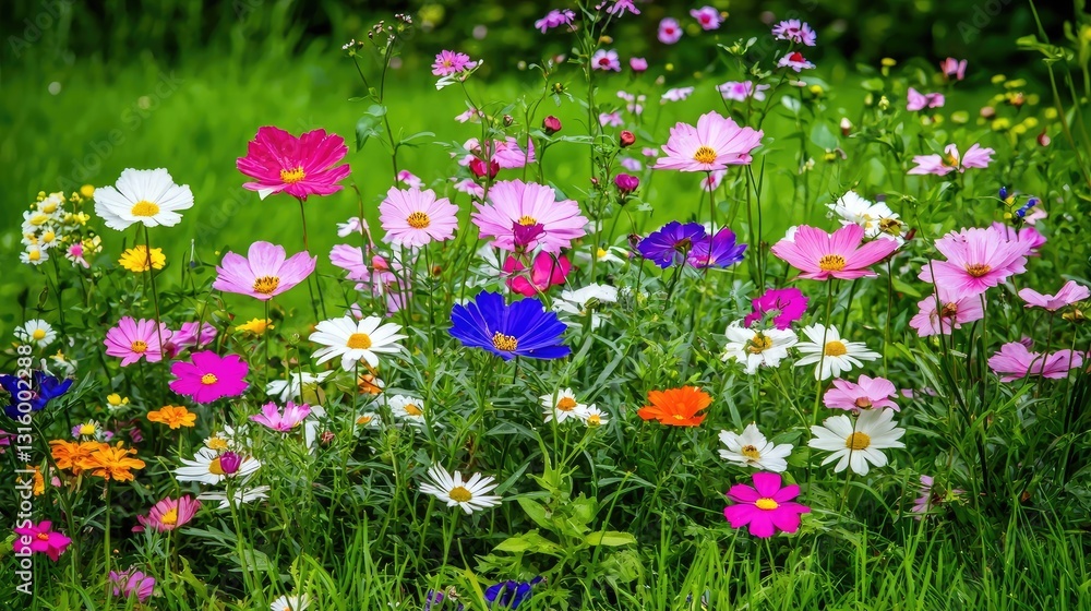 Vibrant Field Of Cosmos Flowers Blooming In A Lush Green Garden During The Spring Season Vibrant Field Of Cosmos Flowers Blooming In A Lush Green Garden During The Spring Season