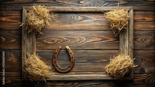 Rustic wooden frame with hay and horseshoe, a charming country-style composition perfect for autumn or fall themed projects.