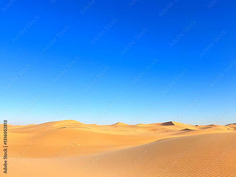 Vast Desert Landscape Under Blue Sky - Sand Dunes, Natural Beauty, Travel and Tourism, Adventure, Dry Environment. Vast Desert Landscape Under Blue Sky - Sand Dunes, Natural Beauty, Travel and Tourism, Adventure, Dry Environment.