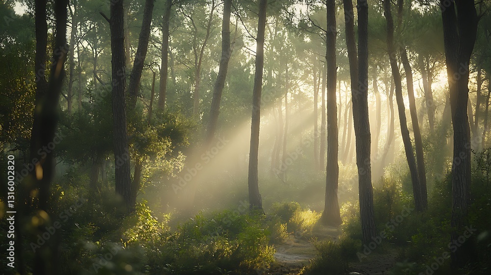 Fototapeta premium Sunbeams pierce through misty forest, illuminating path.