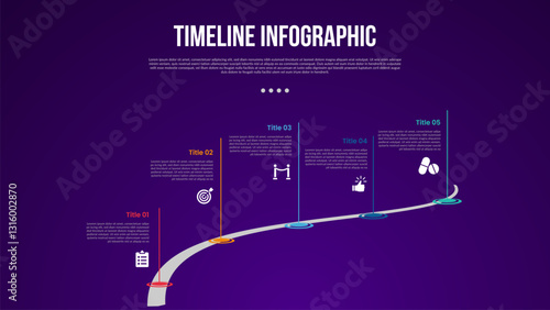 timeline template infographic with winding roadway path with standing vertical line with 5 point dark background style for slide presentation