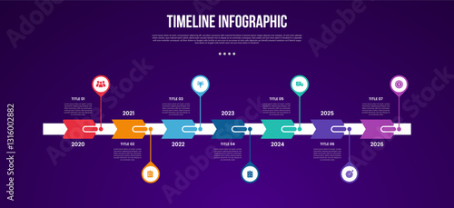 timeline template infographic with yearly with arrow on horizontal box timeline with 7 point dark background style for slide presentation
