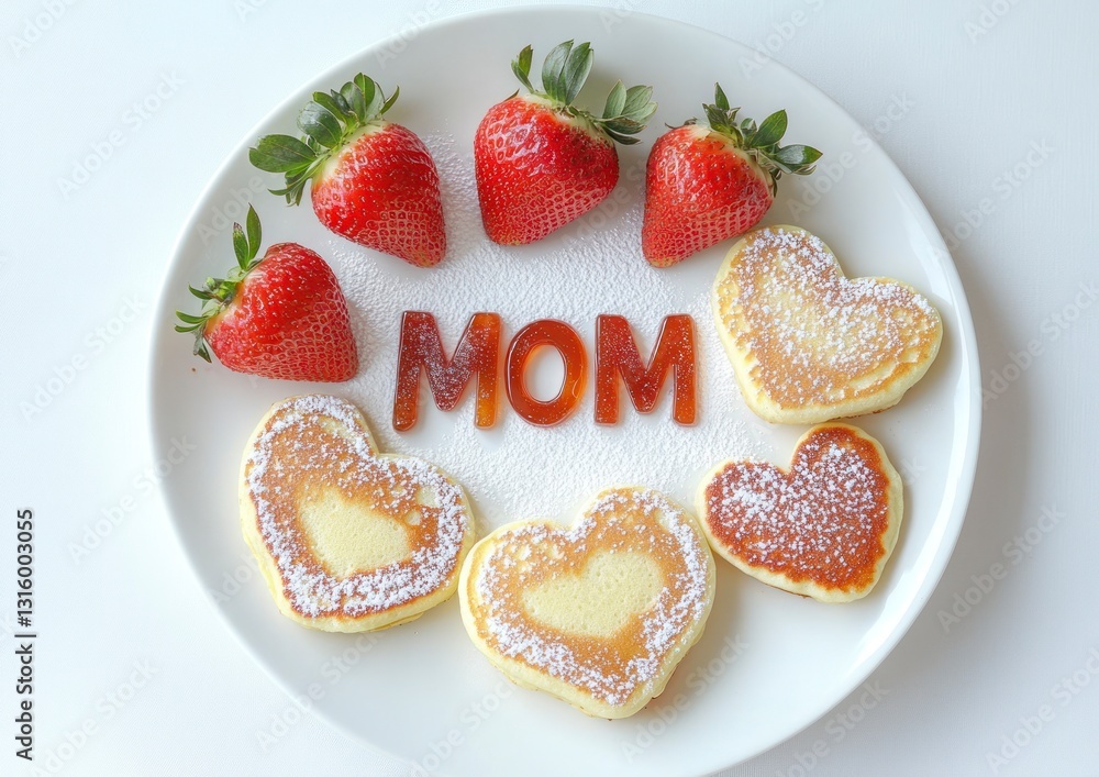 Heart Shaped Pancakes for Mom with Fresh Strawberries on White Plate Heart Shaped Pancakes for Mom with Fresh Strawberries on White Plate