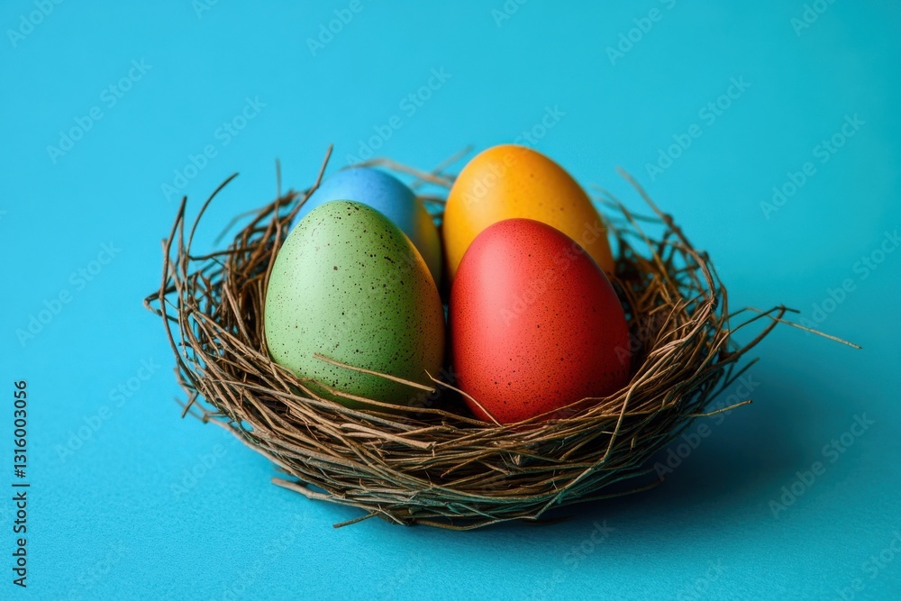 Vibrant easter egg border with nest inviting spring celebrations on bright blue backdrop for festive seasonal decorations Vibrant easter egg border with nest inviting spring celebrations on bright blue backdrop for festive seasonal decorations