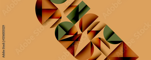 Abstract geometric background with layered gradient shapes forming dynamic patterns. Overlapping semi circles and triangles create depth and contrast