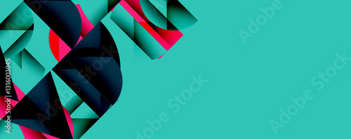 Abstract geometric pattern with intersecting circles and triangles in gradients. The high-contrast composition creates depth and a dynamic, modern aesthetic
